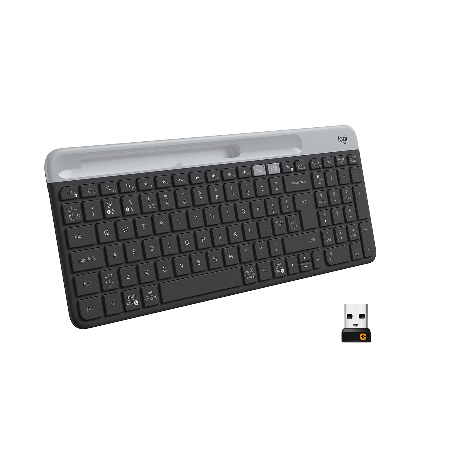logitech k580 slim multi-device wireless keyboard bluetooth/receiver, compact, easy switch, 24 month battery, win/mac, desktop, tablet, smartphone, laptop compatible - graphite
