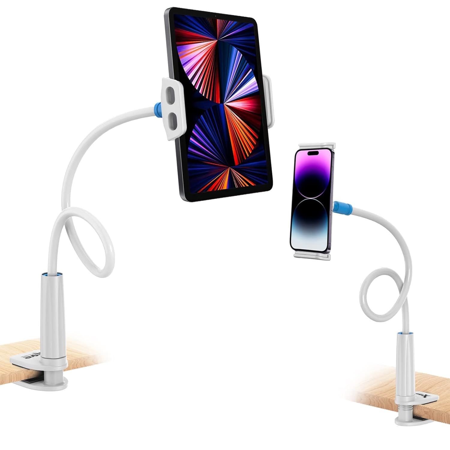 amazon basics gooseneck mobile phone and tablet holder | tabletop holder with clamp and 360⁰ rotation | universal compatibility for phones, tablets | white